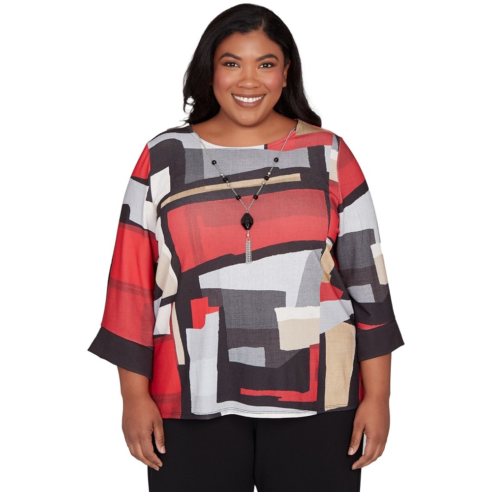 Alfred Dunner Red and Black Abstract Blouse